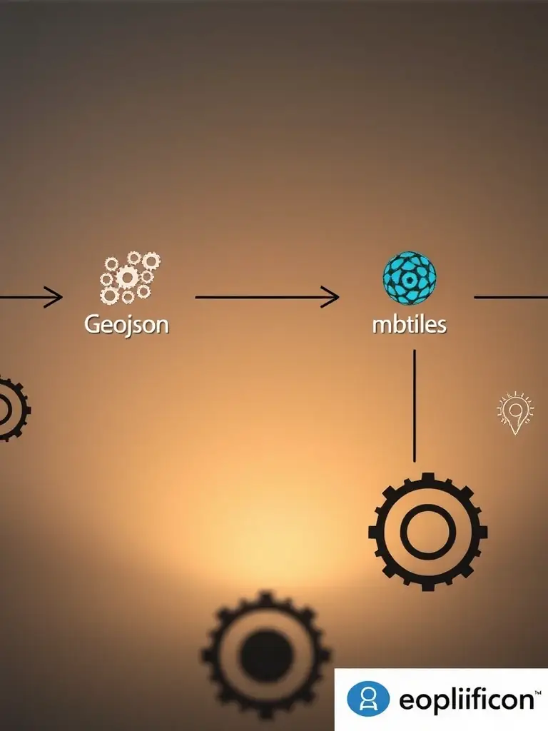 A visual representation of the file processing pipeline, showing geojson and mbtiles being converted and optimized for web delivery.